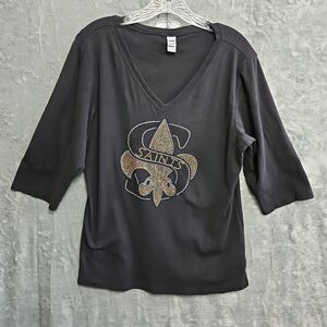 Kavio Women's XL cotton Vneck Top Saints Rhinestone Logo bling